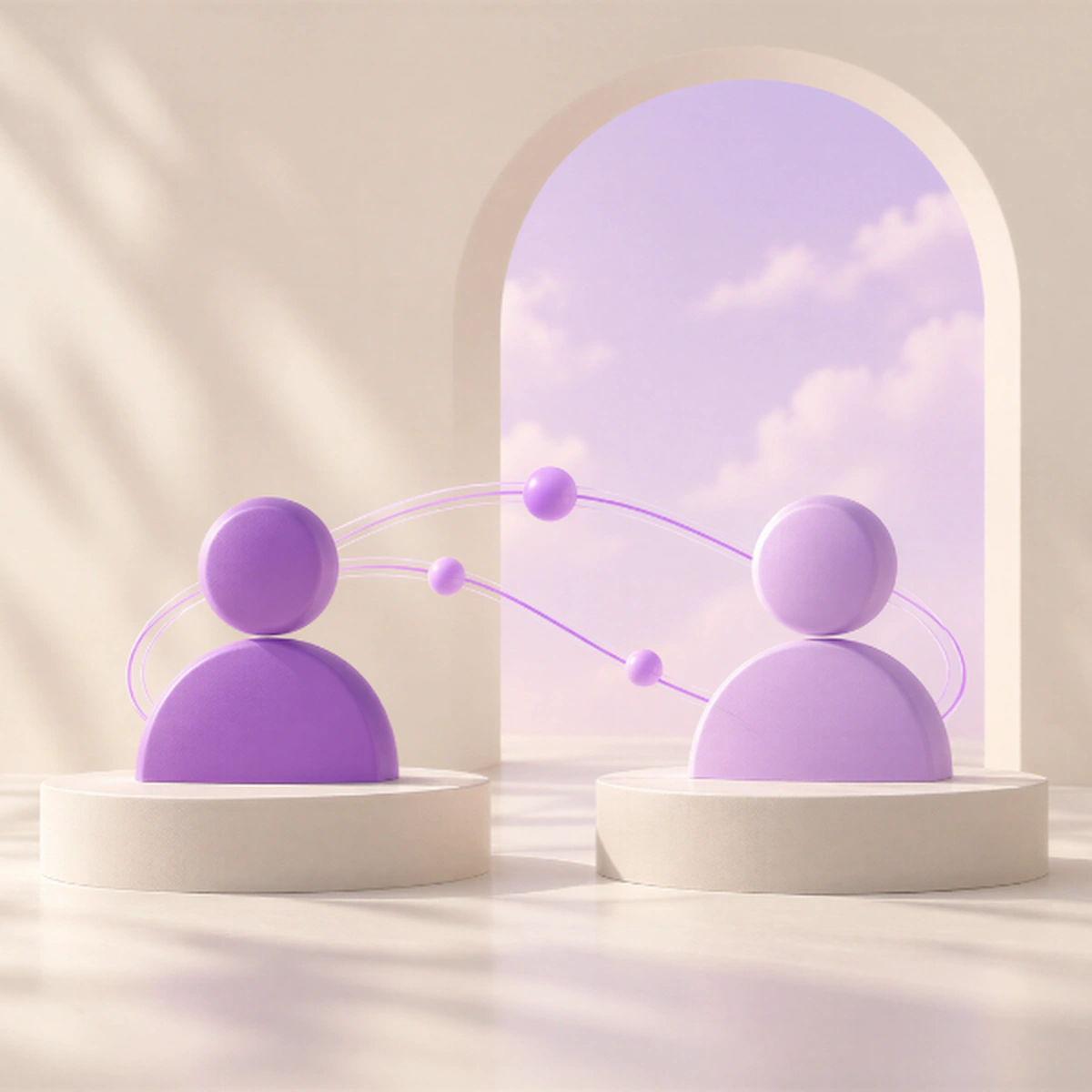 Purple balloons above a desk with a coffee cup and notebook